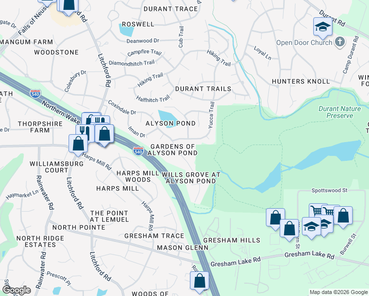 map of restaurants, bars, coffee shops, grocery stores, and more near 2605 Meadow Star Court in Raleigh