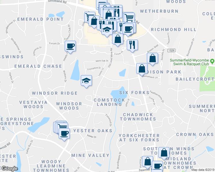 map of restaurants, bars, coffee shops, grocery stores, and more near 8030 Lloyd Allyns Way in Raleigh