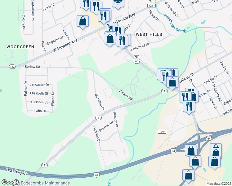 map of restaurants, bars, coffee shops, grocery stores, and more near 1601 Barlow Road in Tarboro