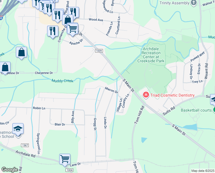 map of restaurants, bars, coffee shops, grocery stores, and more near 5001 Macon Drive in Archdale