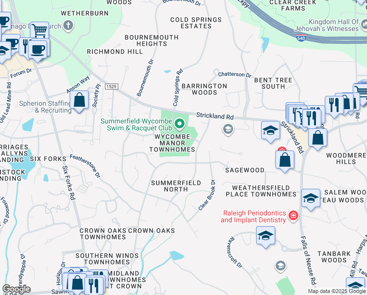 map of restaurants, bars, coffee shops, grocery stores, and more near 8332 Wycombe Lane in Raleigh
