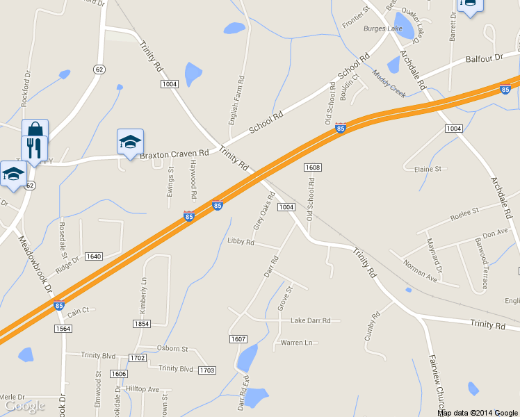 map of restaurants, bars, coffee shops, grocery stores, and more near 5363 Grey Oaks Road in Trinity