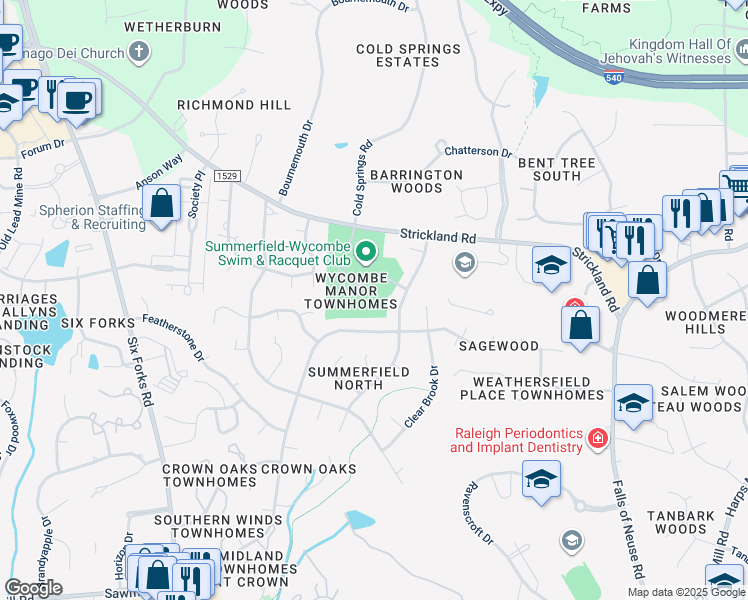 map of restaurants, bars, coffee shops, grocery stores, and more near 8332 Wycombe Lane in Raleigh