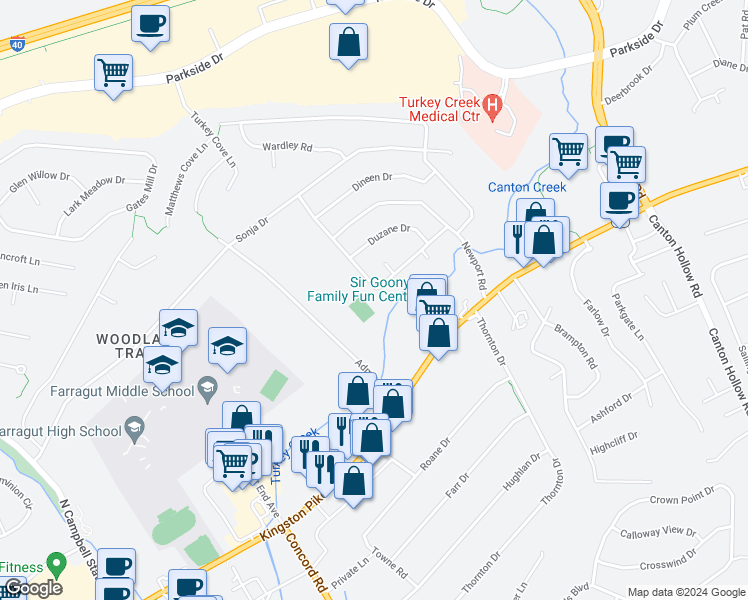 map of restaurants, bars, coffee shops, grocery stores, and more near 10900 Dundee Road in Knoxville