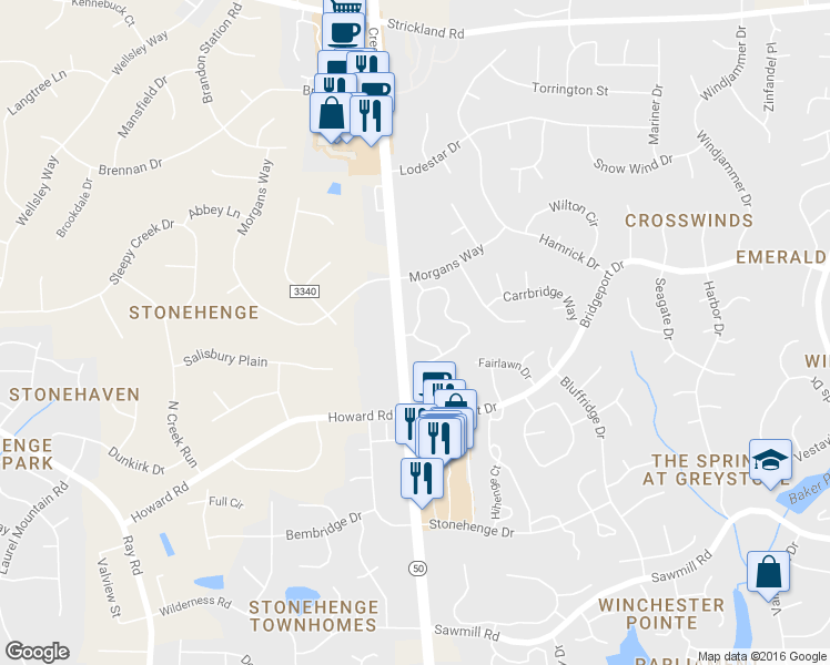 map of restaurants, bars, coffee shops, grocery stores, and more near 7933 Falcon Rest Circle in Raleigh
