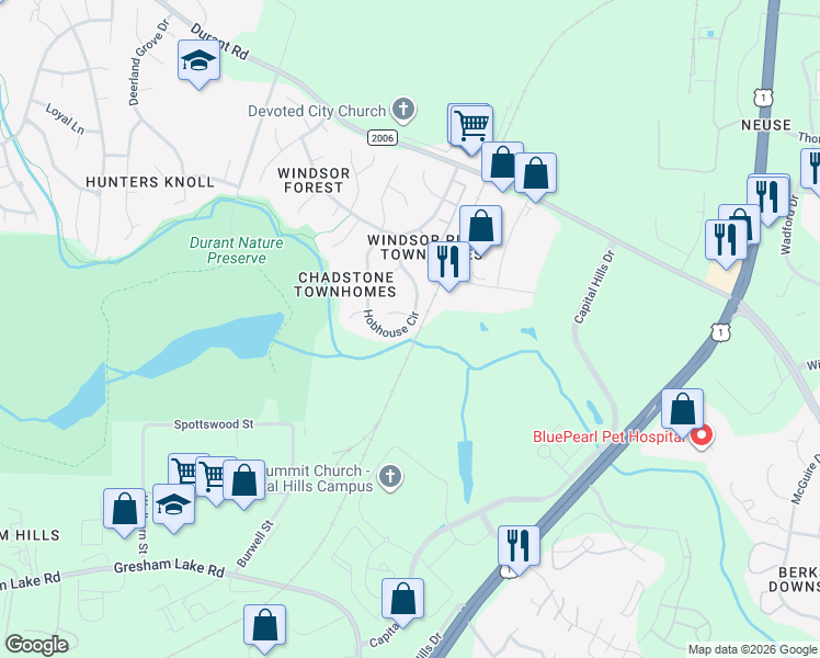 map of restaurants, bars, coffee shops, grocery stores, and more near 8405 Hobhouse Circle in Raleigh