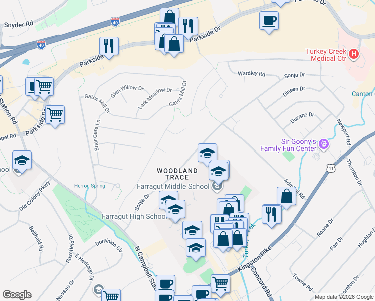 map of restaurants, bars, coffee shops, grocery stores, and more near 11149 Sonja Drive in Knoxville