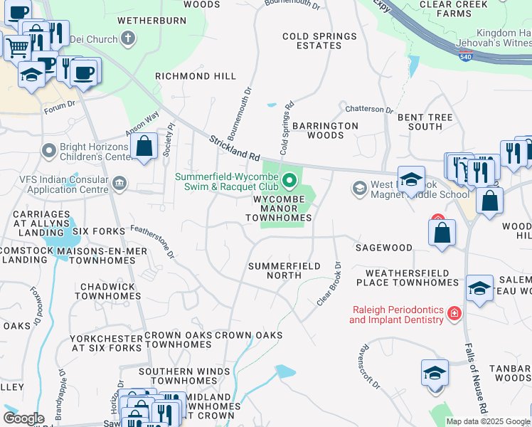 map of restaurants, bars, coffee shops, grocery stores, and more near 8329 Wycombe Lane in Raleigh