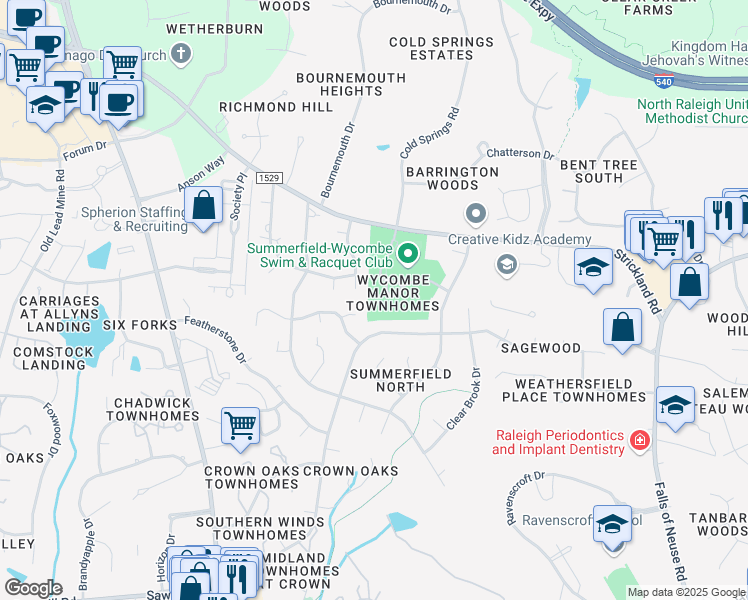 map of restaurants, bars, coffee shops, grocery stores, and more near 8329 Wycombe Lane in Raleigh
