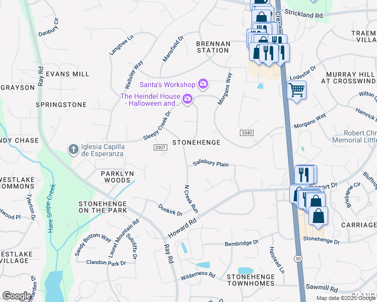 map of restaurants, bars, coffee shops, grocery stores, and more near 8300 Sleepy Creek Drive in Raleigh