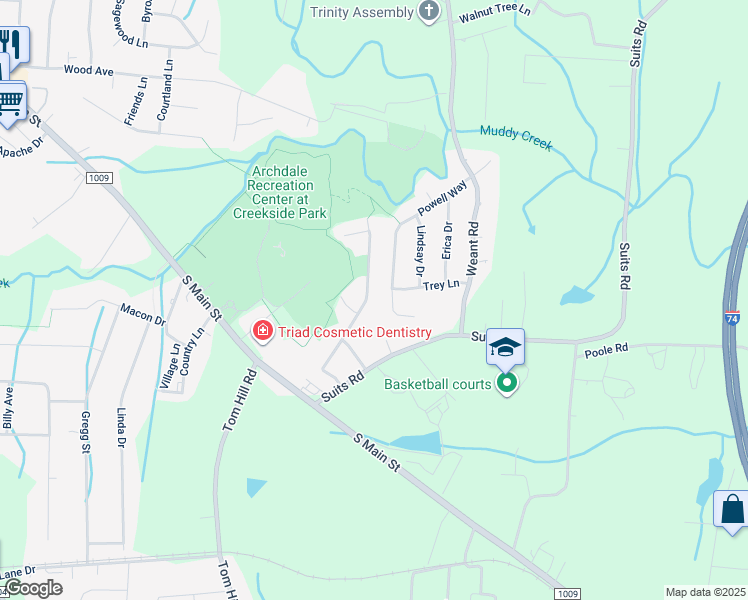 map of restaurants, bars, coffee shops, grocery stores, and more near 306 Belgian Drive in Archdale
