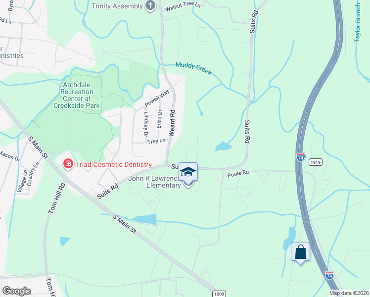 map of restaurants, bars, coffee shops, grocery stores, and more near 6051 Suits Road in Archdale