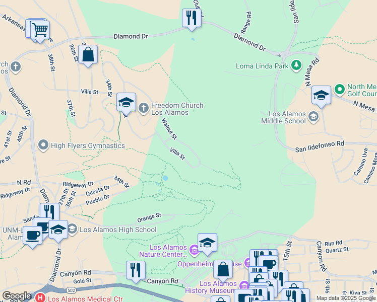 map of restaurants, bars, coffee shops, grocery stores, and more near 2805 Walnut Street in Los Alamos