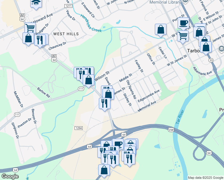 map of restaurants, bars, coffee shops, grocery stores, and more near 402 Country Road in Tarboro