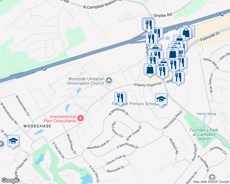 map of restaurants, bars, coffee shops, grocery stores, and more near 11634 Channing Lane in Knoxville