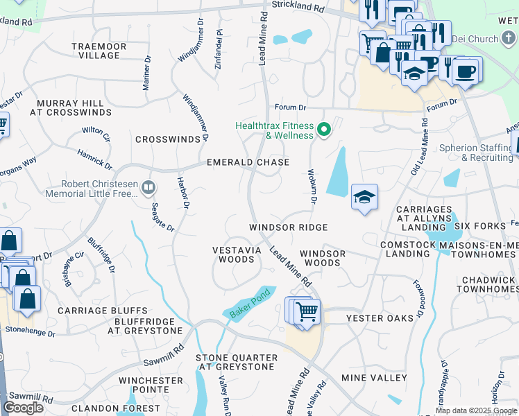 map of restaurants, bars, coffee shops, grocery stores, and more near 8016 Selfridge Ct in Raleigh