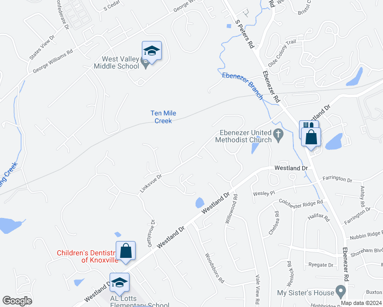 map of restaurants, bars, coffee shops, grocery stores, and more near 9201 Linksvue Drive in Knoxville