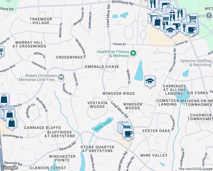 map of restaurants, bars, coffee shops, grocery stores, and more near 8016 Selfridge Ct in Raleigh