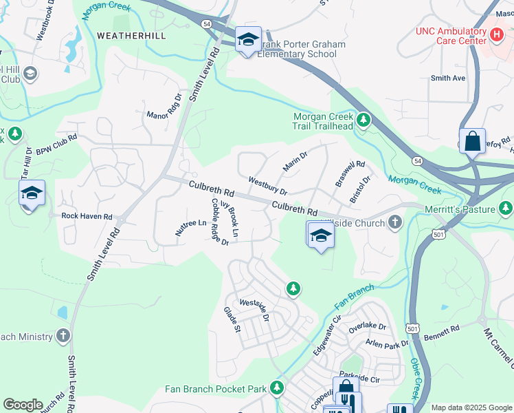 map of restaurants, bars, coffee shops, grocery stores, and more near 100 Weyer Drive in Chapel Hill