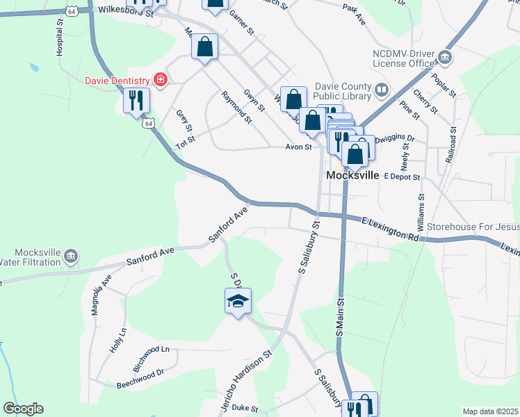 map of restaurants, bars, coffee shops, grocery stores, and more near 444 Sanford Avenue in Mocksville