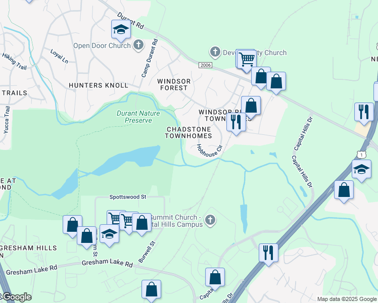 map of restaurants, bars, coffee shops, grocery stores, and more near 8400 Astwell Court in Raleigh
