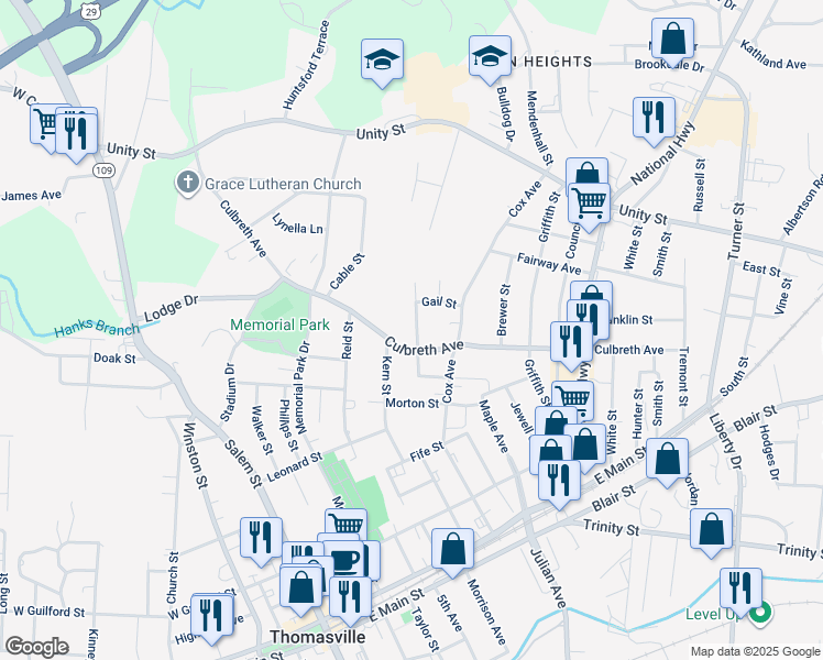 map of restaurants, bars, coffee shops, grocery stores, and more near 506 High Street in Thomasville
