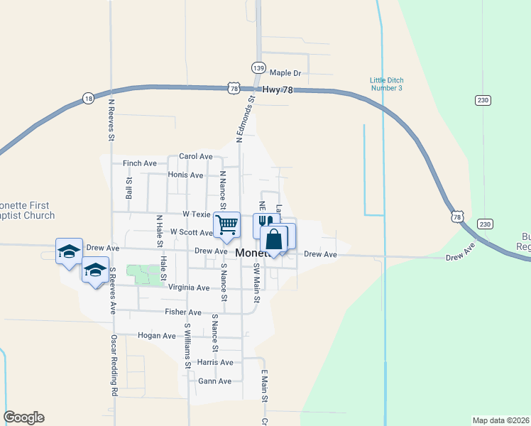 map of restaurants, bars, coffee shops, grocery stores, and more near 107 West Texie Avenue in Monette