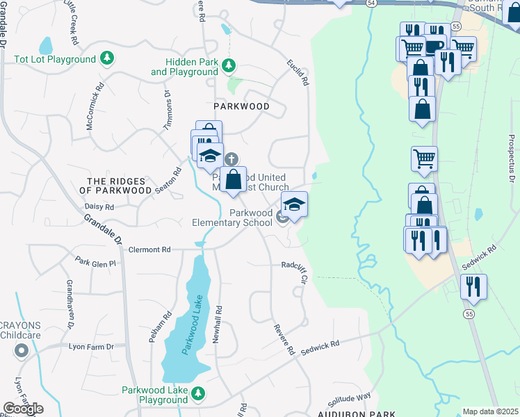 map of restaurants, bars, coffee shops, grocery stores, and more near 1500 Clermont Road in Durham