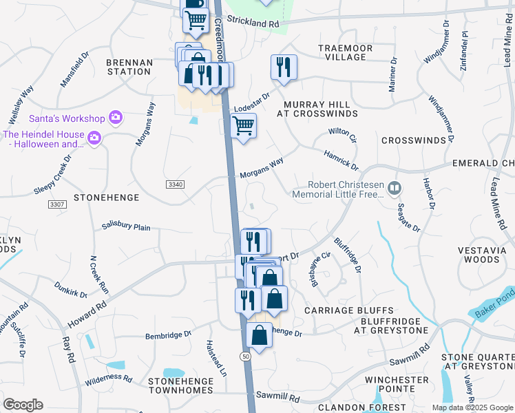 map of restaurants, bars, coffee shops, grocery stores, and more near 7818 Falcon Rest Circle in Raleigh