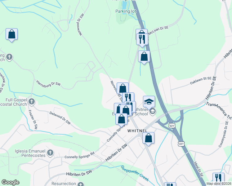map of restaurants, bars, coffee shops, grocery stores, and more near 307 Summit Place Southwest in Lenoir