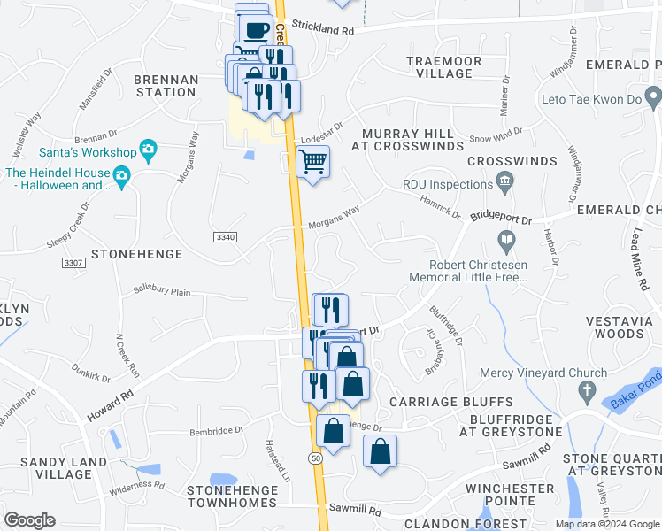 map of restaurants, bars, coffee shops, grocery stores, and more near 7818 Falcon Rest Circle in Raleigh