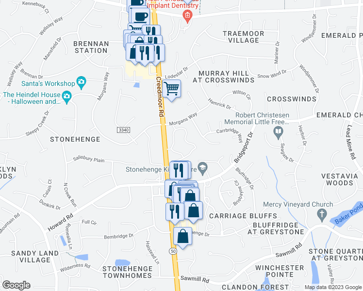 map of restaurants, bars, coffee shops, grocery stores, and more near 7818 Falcon Rest Circle in Raleigh