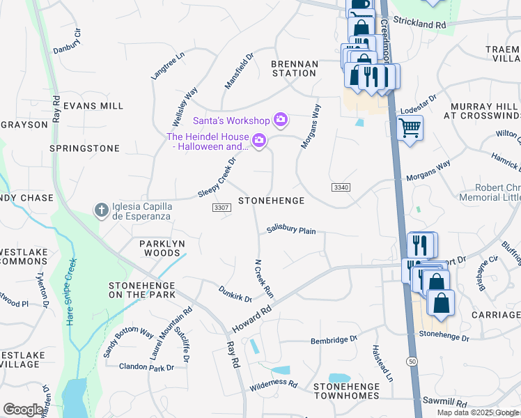 map of restaurants, bars, coffee shops, grocery stores, and more near 8300 Sleepy Creek Drive in Raleigh