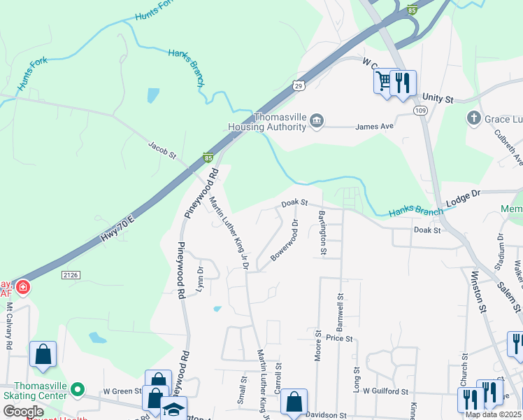 map of restaurants, bars, coffee shops, grocery stores, and more near 1001 Doak Court in Thomasville