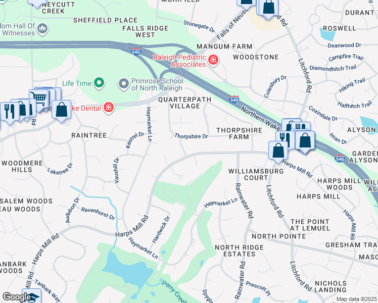 map of restaurants, bars, coffee shops, grocery stores, and more near 8000 Shellnut Road in Raleigh