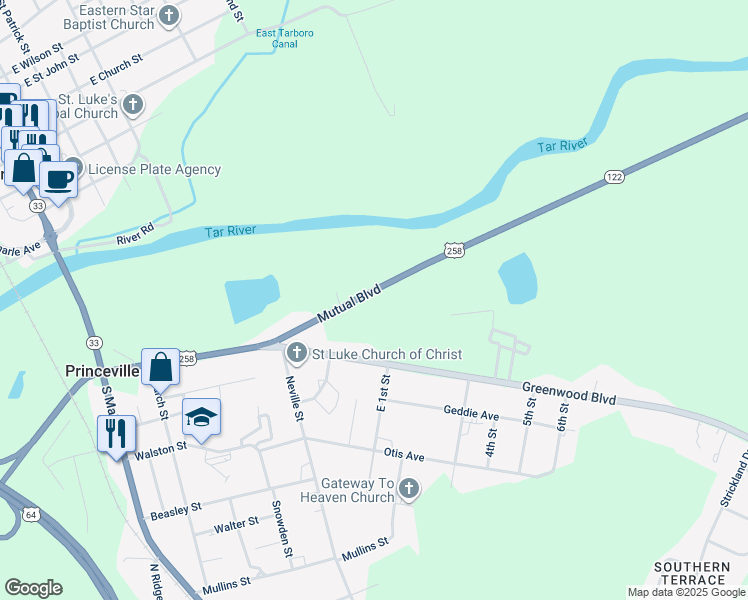 map of restaurants, bars, coffee shops, grocery stores, and more near 436 Mutual Boulevard in Princeville