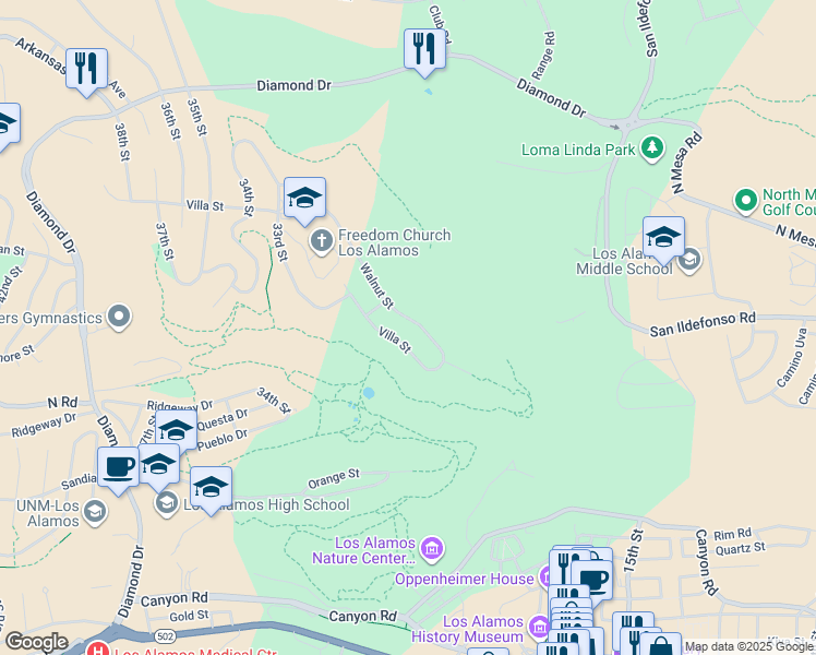 map of restaurants, bars, coffee shops, grocery stores, and more near 3089 Villa Street in Los Alamos