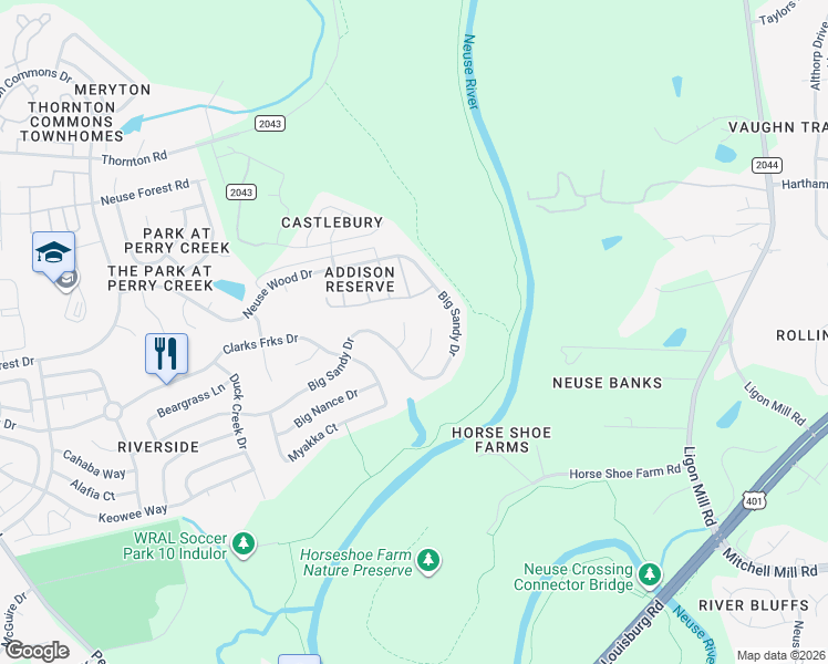 map of restaurants, bars, coffee shops, grocery stores, and more near 8312 Shiloh Creek Court in Raleigh