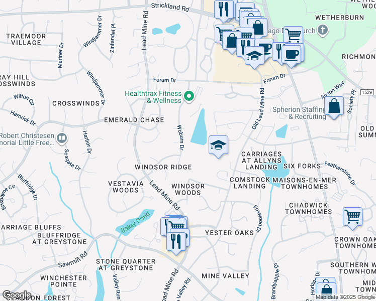 map of restaurants, bars, coffee shops, grocery stores, and more near 8220 Woburn Drive in Raleigh