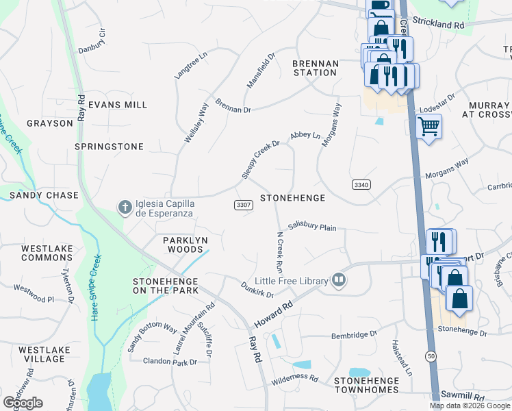 map of restaurants, bars, coffee shops, grocery stores, and more near 8304 Druids Lane in Raleigh