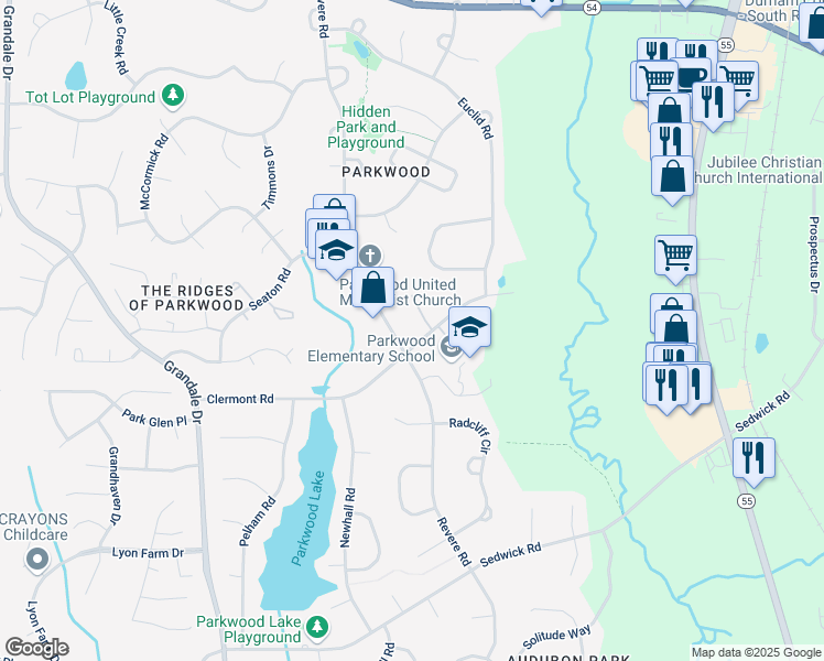 map of restaurants, bars, coffee shops, grocery stores, and more near 1500 Clermont Road in Durham