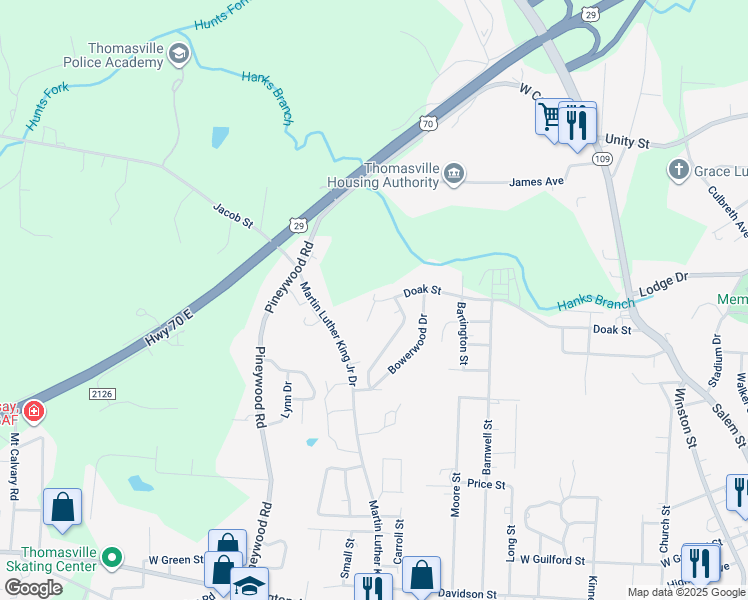 map of restaurants, bars, coffee shops, grocery stores, and more near 1007 Doak Court in Thomasville