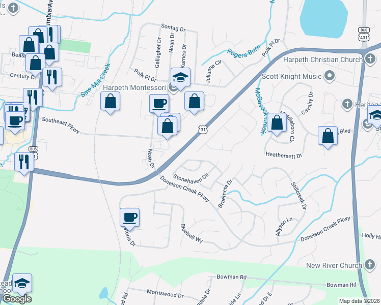 map of restaurants, bars, coffee shops, grocery stores, and more near 226 Stonehaven Circle in Franklin