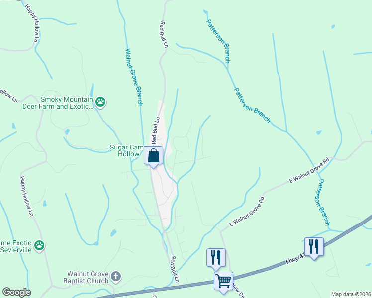 map of restaurants, bars, coffee shops, grocery stores, and more near 2517 Grotto Lane in Sevierville