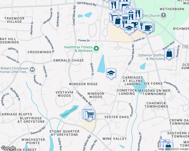 map of restaurants, bars, coffee shops, grocery stores, and more near 8220 Woburn Drive in Raleigh