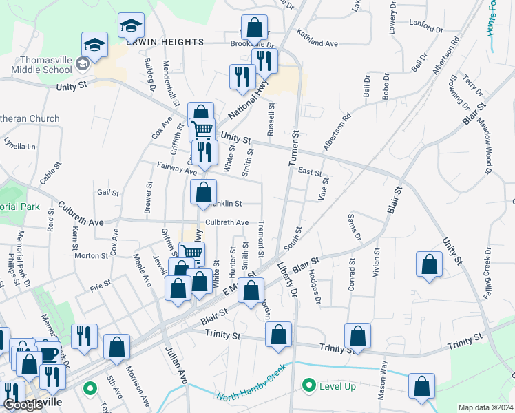map of restaurants, bars, coffee shops, grocery stores, and more near 316 Tremont Street in Thomasville