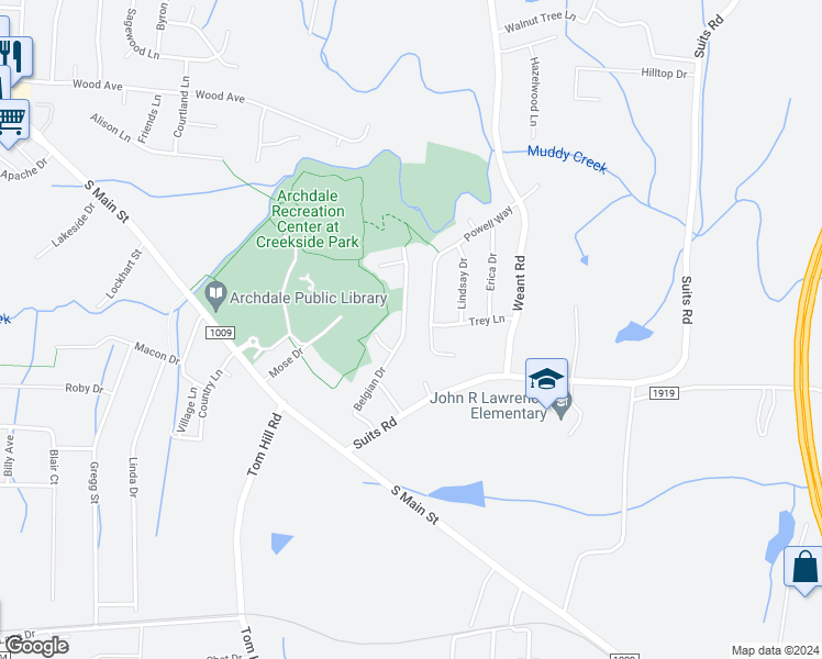 map of restaurants, bars, coffee shops, grocery stores, and more near 308 Belgian Drive in Archdale