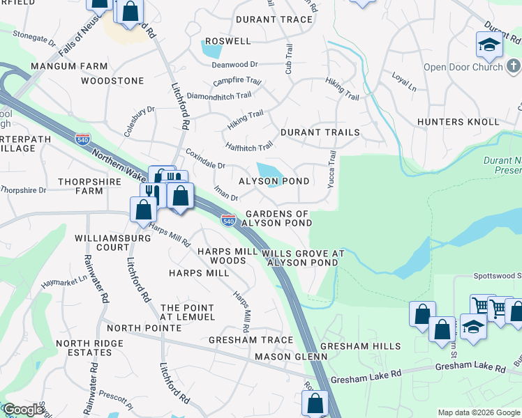 map of restaurants, bars, coffee shops, grocery stores, and more near 2512 Sugar Maple Court in Raleigh