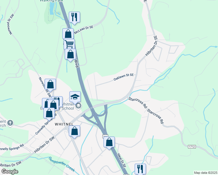 map of restaurants, bars, coffee shops, grocery stores, and more near 1253 Oaklawn Street Southeast in Lenoir