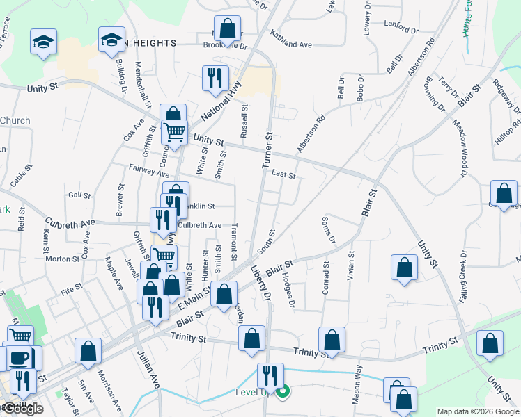 map of restaurants, bars, coffee shops, grocery stores, and more near 110 South Street in Thomasville